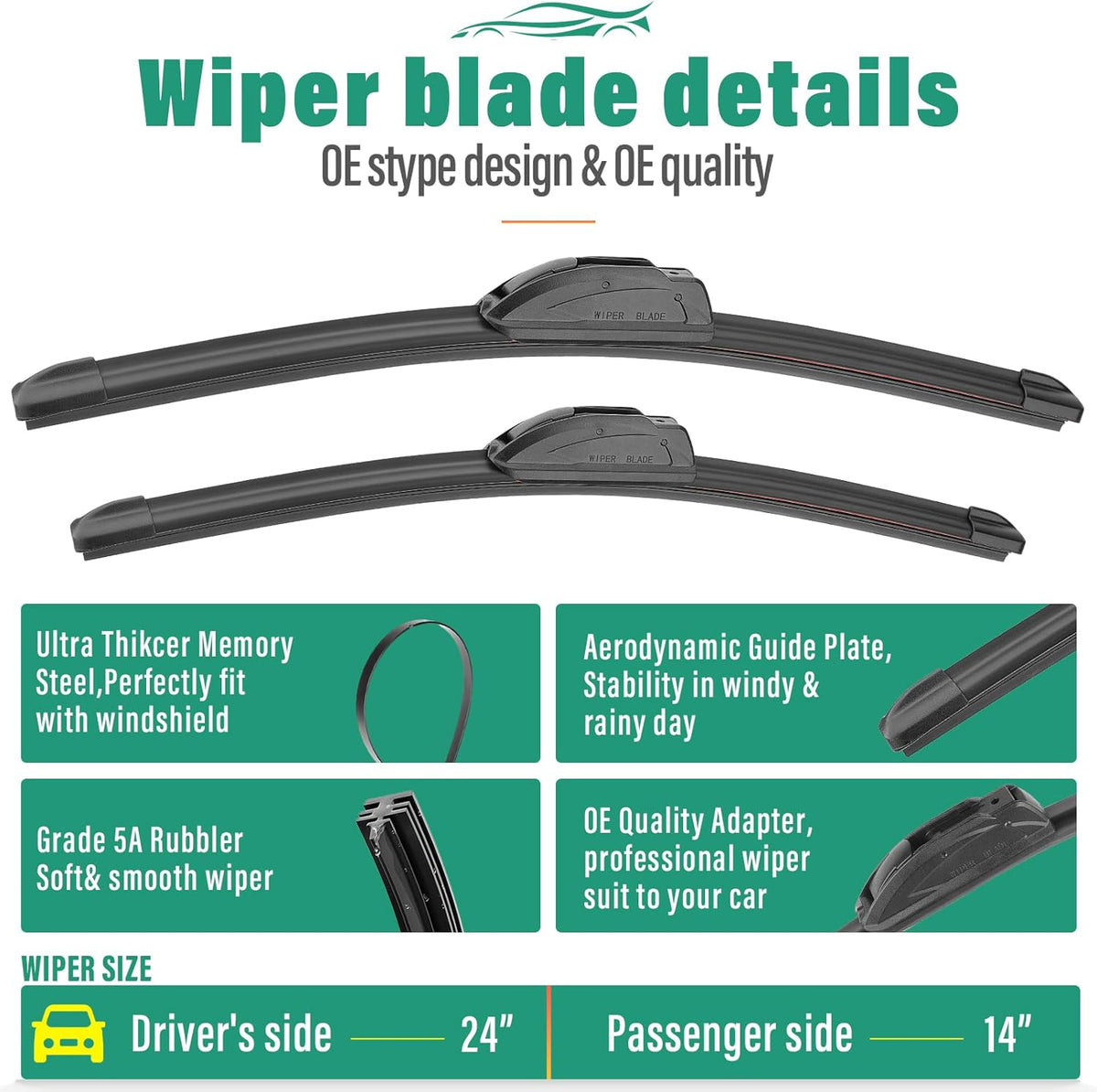 24" 14" 8" Windshield Wiper Blades Replacement for Chevy Chevrolet Spark 2016 2017 2018 2019 2020 2021 Premium All Weather Front Rear Wipers Set - OEM Quality (Pack of 3)