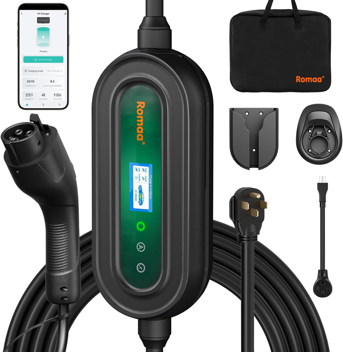 Romaa Level 2 EV Charger Portable Level 2 with 40A, 240V, NEMA 14-50, 25ft Cable, J1772 Charger, Adjustable Current, Delay Timer, EV Chargers for Home Level 2, App Control, FCC & ETL Certified