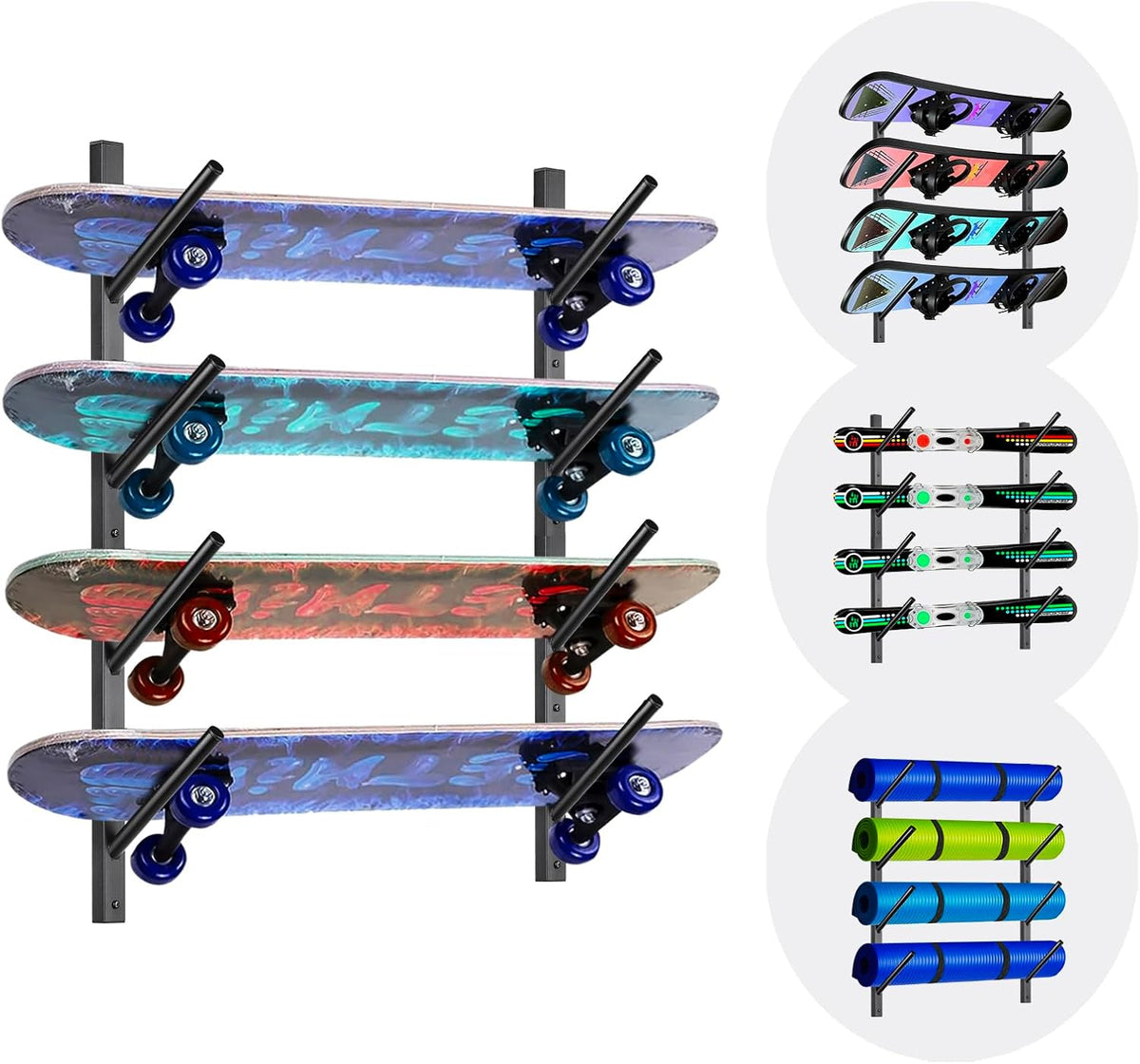 Skateboard Rack Wall Mount – Skateboard Wall Hanger, Snowboard Display Wall Mount, Ski Holder | 4-Floor Skateboard & Ski & Snowboard Storage Rack | Snowboard & Ski Lover Gifts