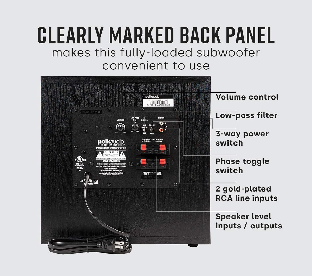 Polk Audio PSW10 10" Powered Subwoofer – Power Port Technology, Up to 100 Watts, Big Bass in Compact Design, Easy Setup with Home Theater Systems, Timbre-Matched with Monitor & T-Series Polk Speakers