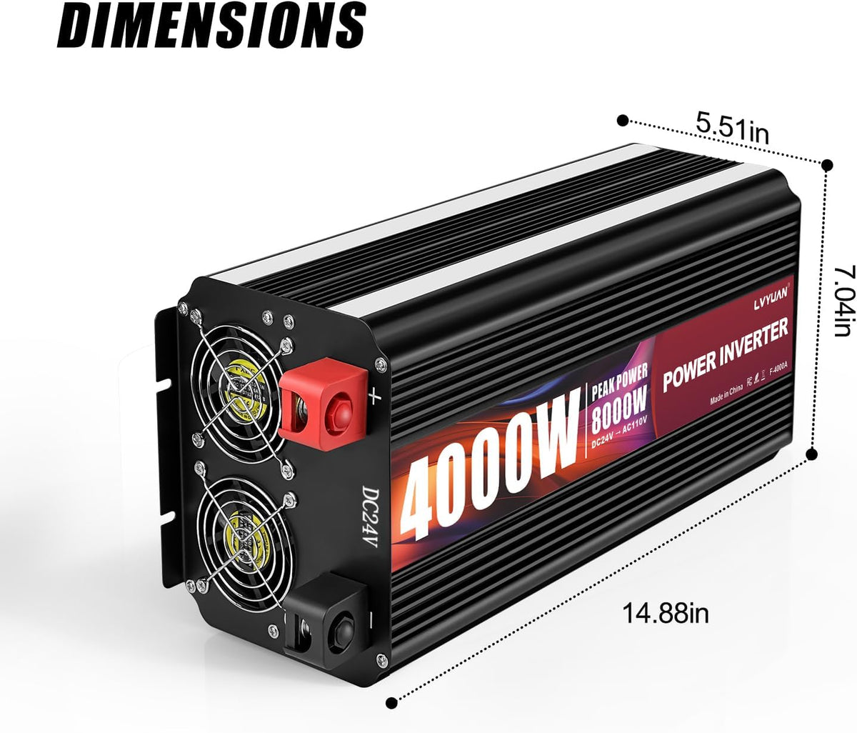 LVYUAN 4000 Watt Power Inverter 24V to 110V 120V for Vehicle, Solar Inverter System, Heavy Duty, RV, Truck, Off Grid,Camping with 4 AC Outlets, LCD Display, Wireless Remote Control, Car Power Inverter
