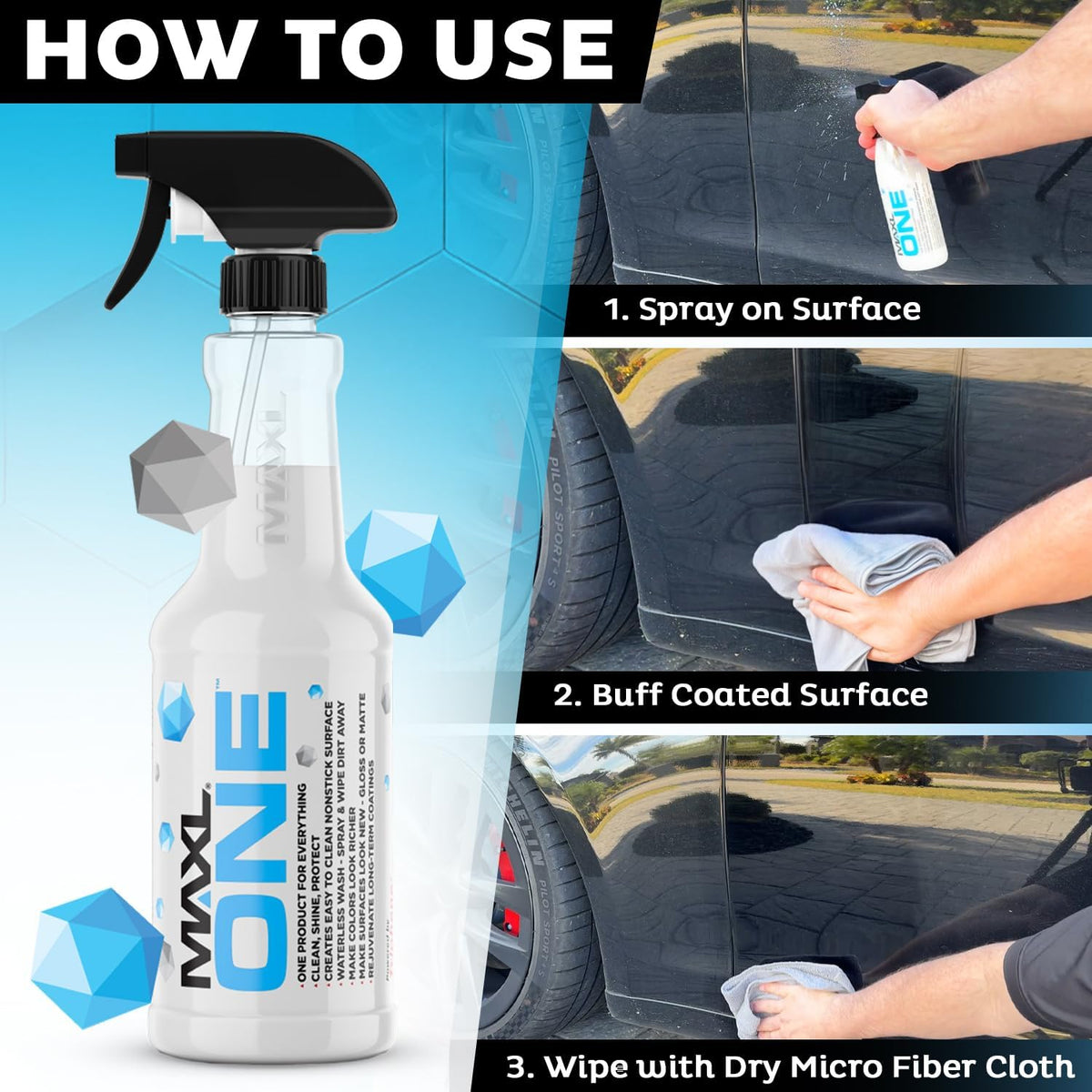 MAXL ONE ™ Car Spray with Triphene® Technology, Quick Spray & Wipe All Purpose Waterless Detailer - Clean, Shine, Protect Paint, Glass, Wheels, and Plastic Trim Without Pre-Washing (1 Gallon)