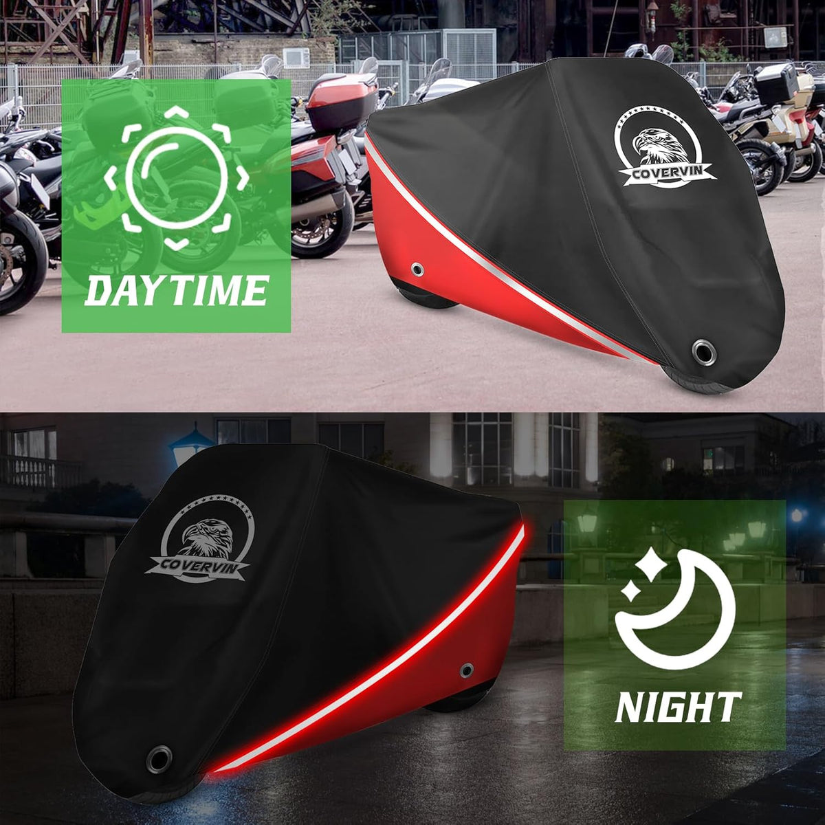 COVERVIN Motorcycle Cover, All Weather Outdoor Waterproof Night Protection with Reflective Strips, Locking Holes and Storage Bag for 86 Inch Suzuki, Kawasaki, Honda, Harley-Davidson(Red M)