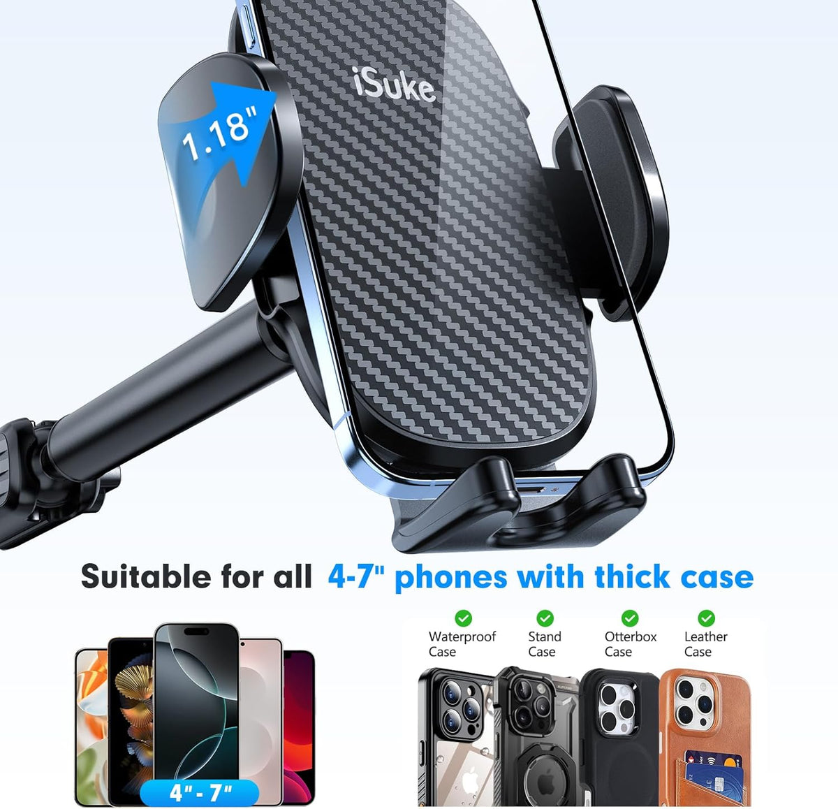isuke Phone Holder for Your Car, [80+LBS Strongest Suction & Ultra-Durable] Aluminum Alloy Phone Holder for Car Dashboard Windshield, Car Phone Mount for iPhone Samsung & All 4-7 inches Smartphones