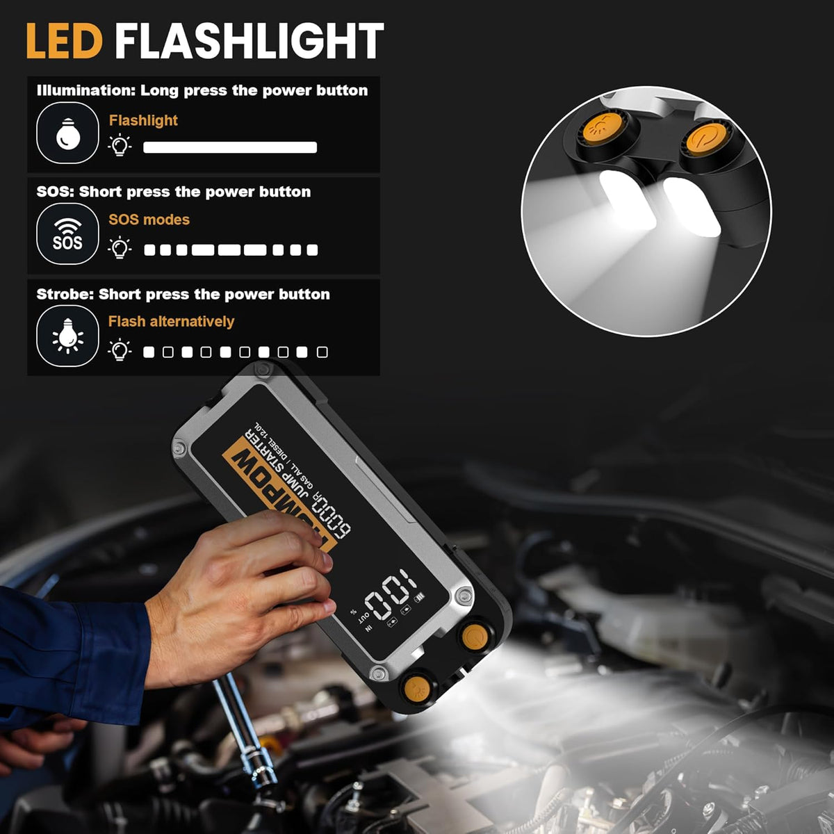 Jump Starter, 6000A Peak Portable 12V Car Battery Charger for All Gas and Up to 12L Diesel Engine, 28000mAh Jump Box with LED Light, USB, and LCD Screen