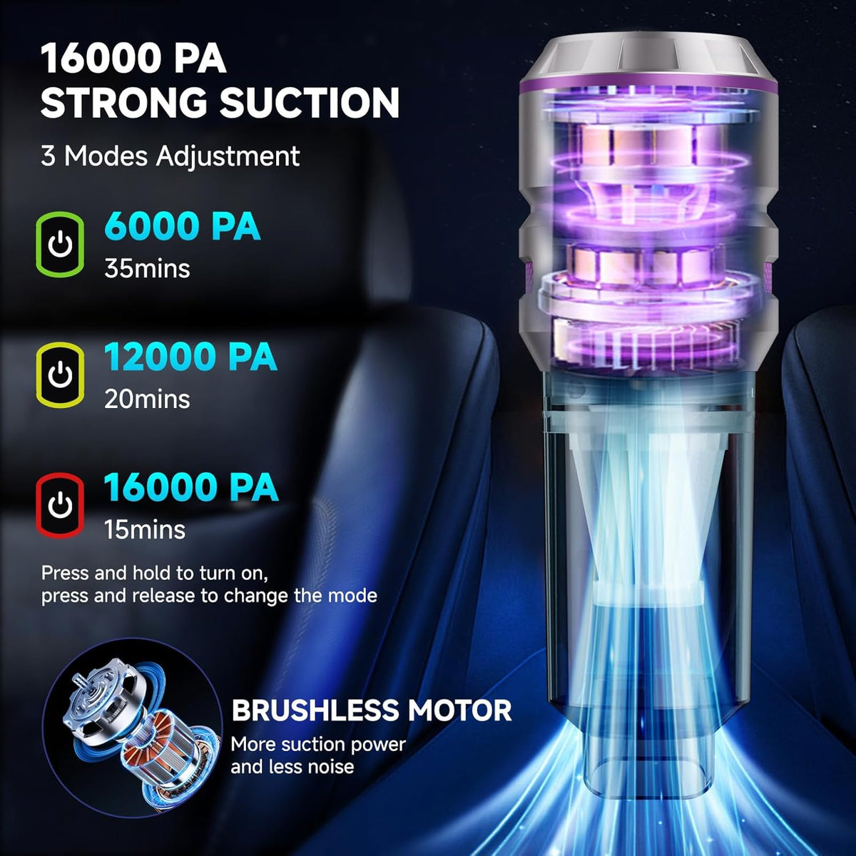 Handheld Vacuum Cordless, Car Vacuum Cleaner with Brushless Motor, Strong Suction Vacuum & Compressed Air Dusters with LED Light, Type C Port, Wireless Mini Portable Hand Vacuum Blower for Home, Pet