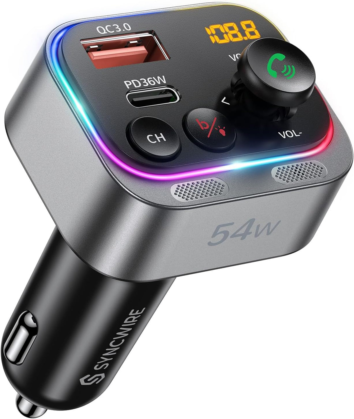 Syncwire Bluetooth 5.4 FM Transmitter Car Adapter 54W (PD 36W & 18W) [Stronger Dual Mics] [Light Switch] [HiFi Bass Sound] [Fast Charging] Wireless Radio Receiver Hands-Free Calling LED Display