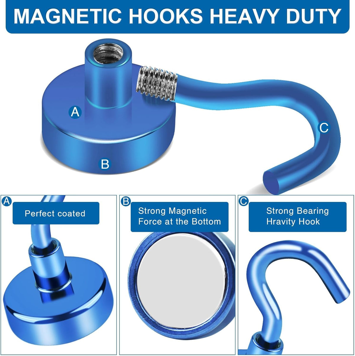 LOVIMAG Magnetic Hooks for Cruise Cabins, 150lbs Blue Magnetic Hooks for Classroom, Strong Magnets with Hooks for Hanging, Neodymium Magnet Hooks for Fridge, Ceiling, Locker, Camper, Travel-25 Pcs
