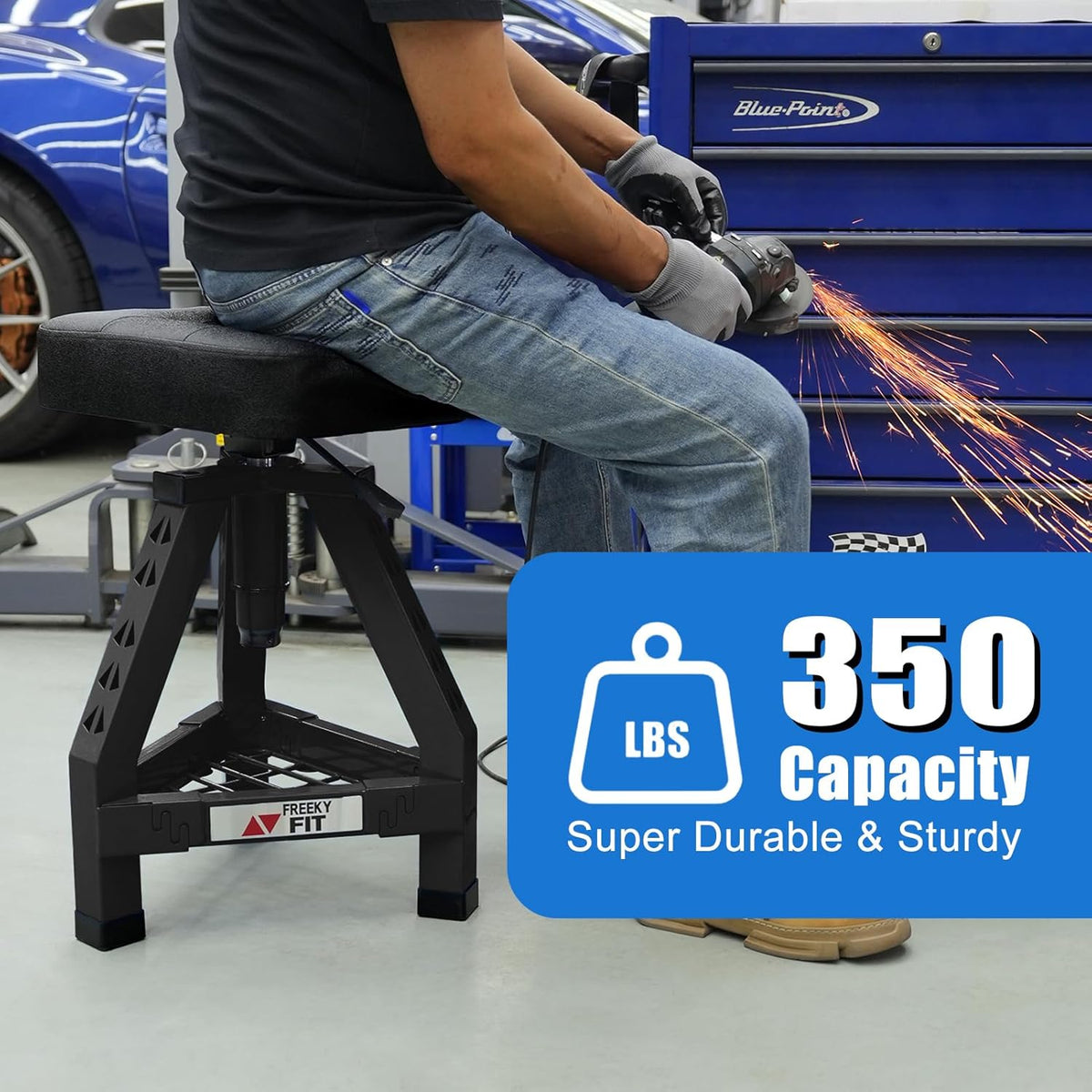 Adjustable Shop Stool,Garage Mechanic Stool Chair,Work Seat for Workshop, Adjustable Height, 360° Swivel Padded Square Seat,Tool Storage, 350 LBS Capacity, Heavy Duty, Black