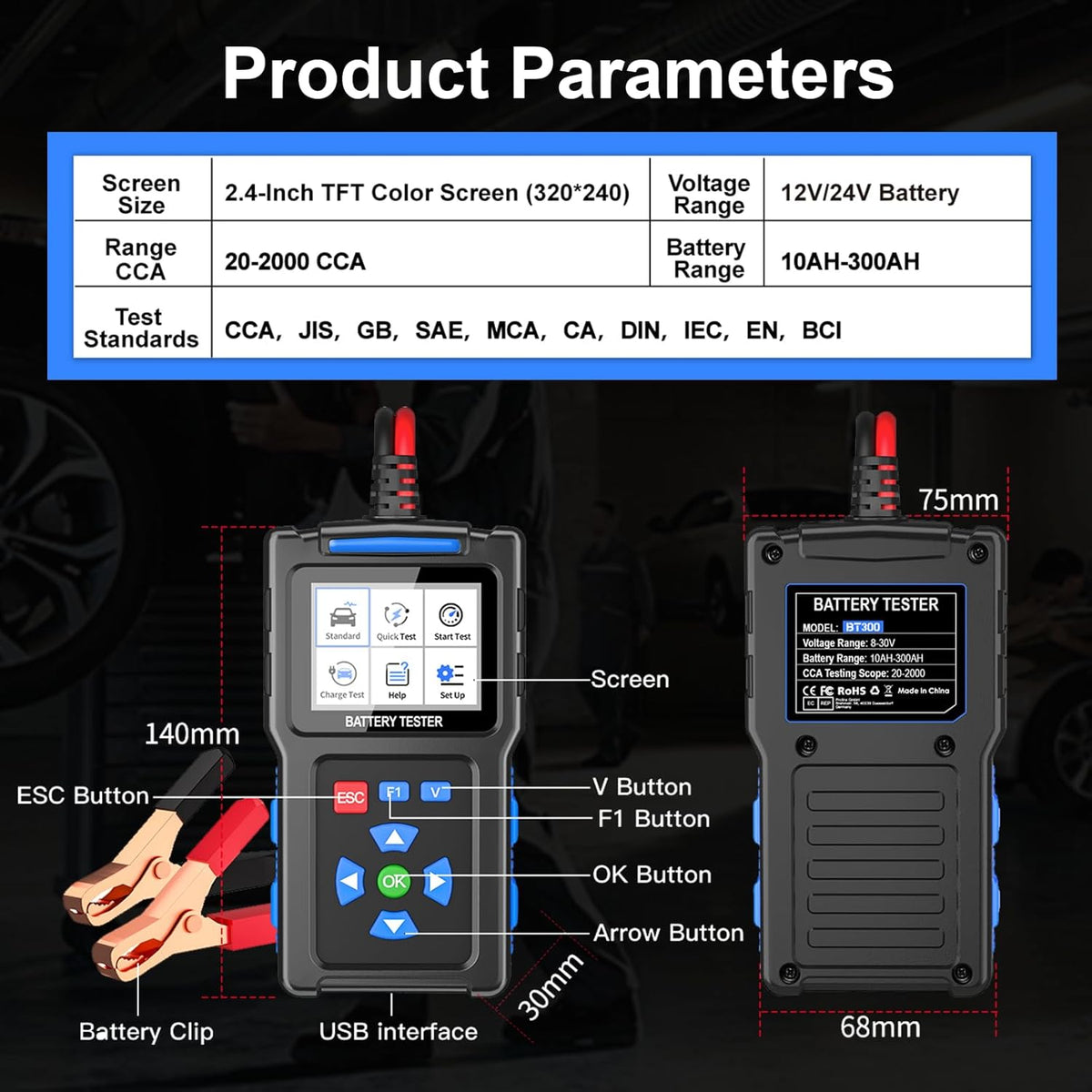 Car Battery Tester 12V 24V, Topdiag BT300 Auto Battery Load Tester, 20-2000 CCA, Automotive Alternator Tester, Charging Cranking System Battery Analyzer for Car Truck Motorcycle