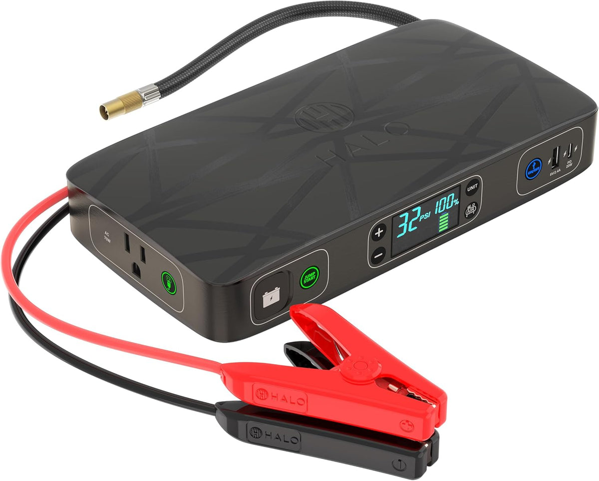 HALO Bolt Ultimate 2 Portable Car Battery Jump Starter | 130 PSI Air Compressor, 55.5Wh USB Power Bank with AC Outlet, Emergency Floodlight & Charger, Jumps Cars SUVs & Trucks, Inflates Tires — Black