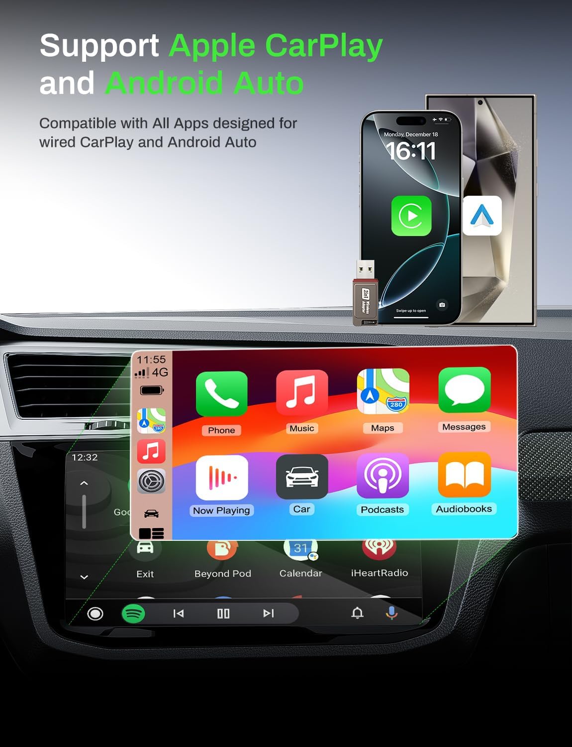 2-in-1 Wireless CarPlay Adapter Support Apple CarPlay & Android Auto, Mini Bluetooth USB A & USB C Dongle Convert Wired to Wireless Compatible with iPhone & Android