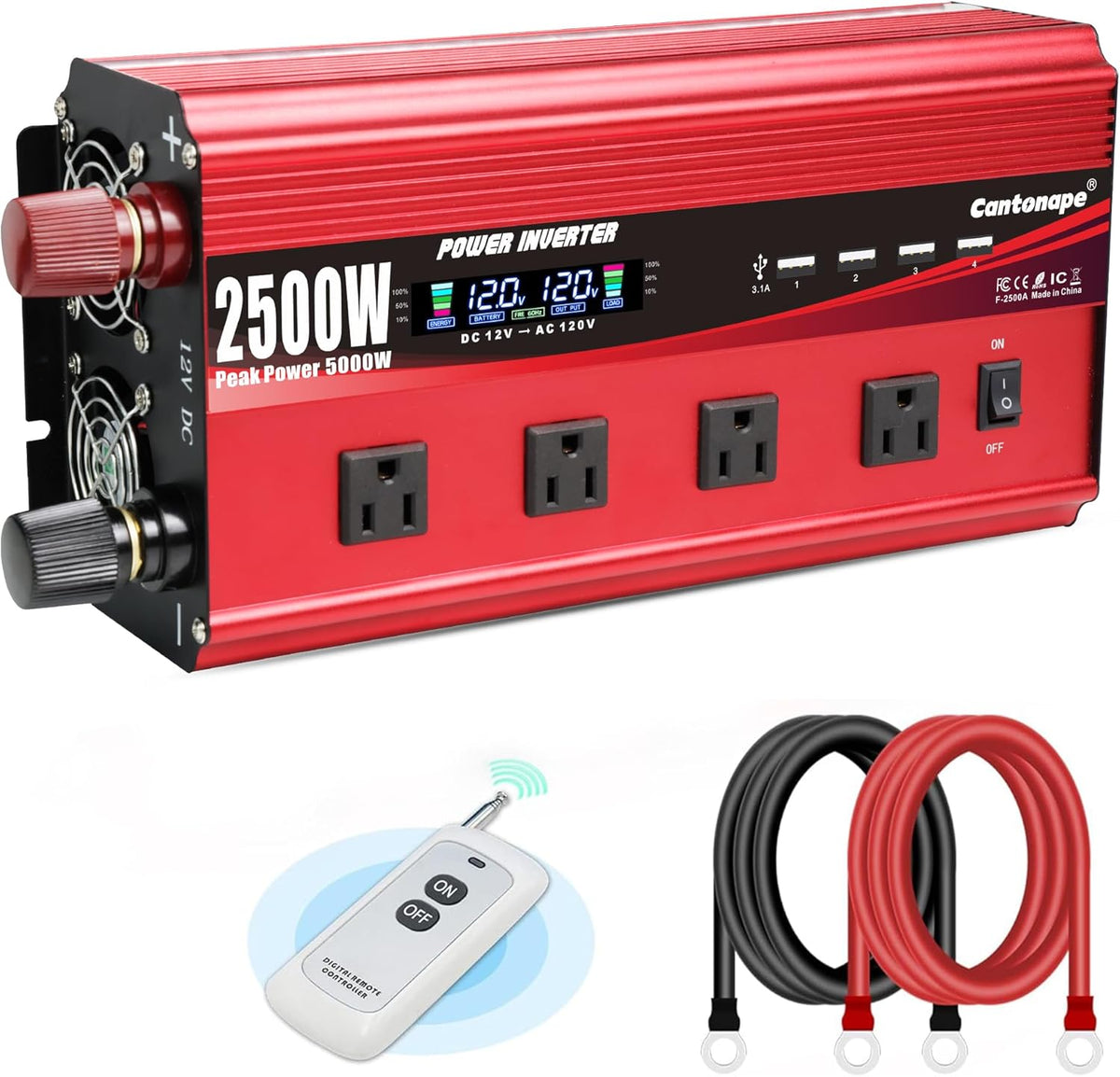 2500W Power Inverter 12V to 110V/120V DC to AC with LCD Display, Remote Controller 4 x AC Outlets and 4 x 3.1A USB Car Adapter for Car Truck Boat RV Solar System