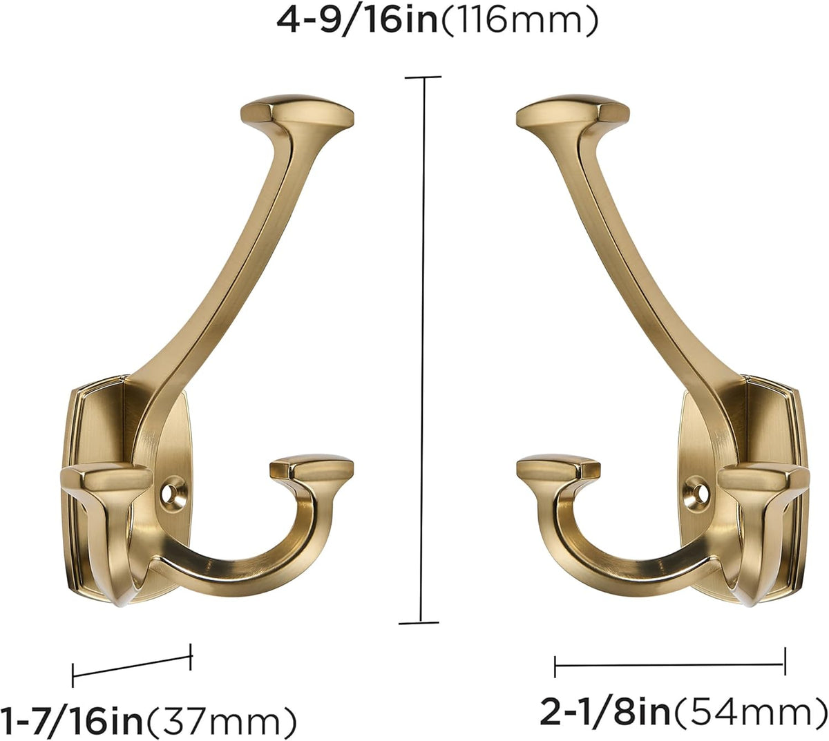 Large Wall Double-Sided Hook 5 Pack Champagne Brozne Hook Decorative Heavy Duty Solid Large Coat Hooks for Towel Hanging Coats Robe Towel Bags Door Back 2 Prong Hooks