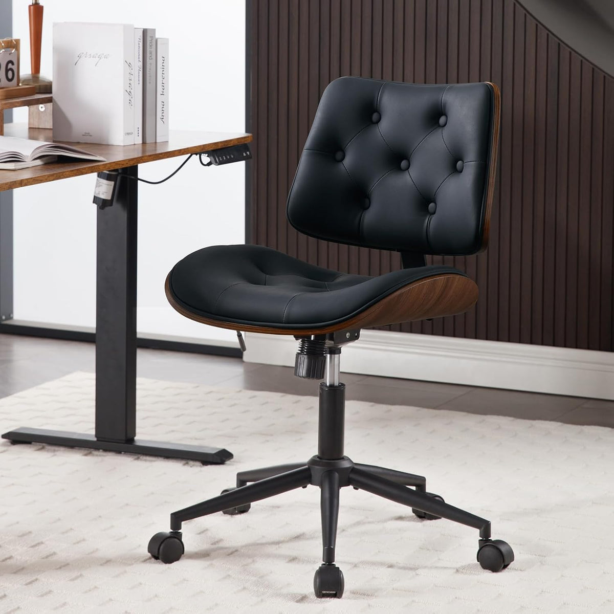 Armless Home Office Chair with Wheels, PU Leather Adjustable Height Computer Desk Chair, 360 Swivel Small No Arms Chair, Modern Button Walnut Style for Office, Reading Meeting Room(Black)