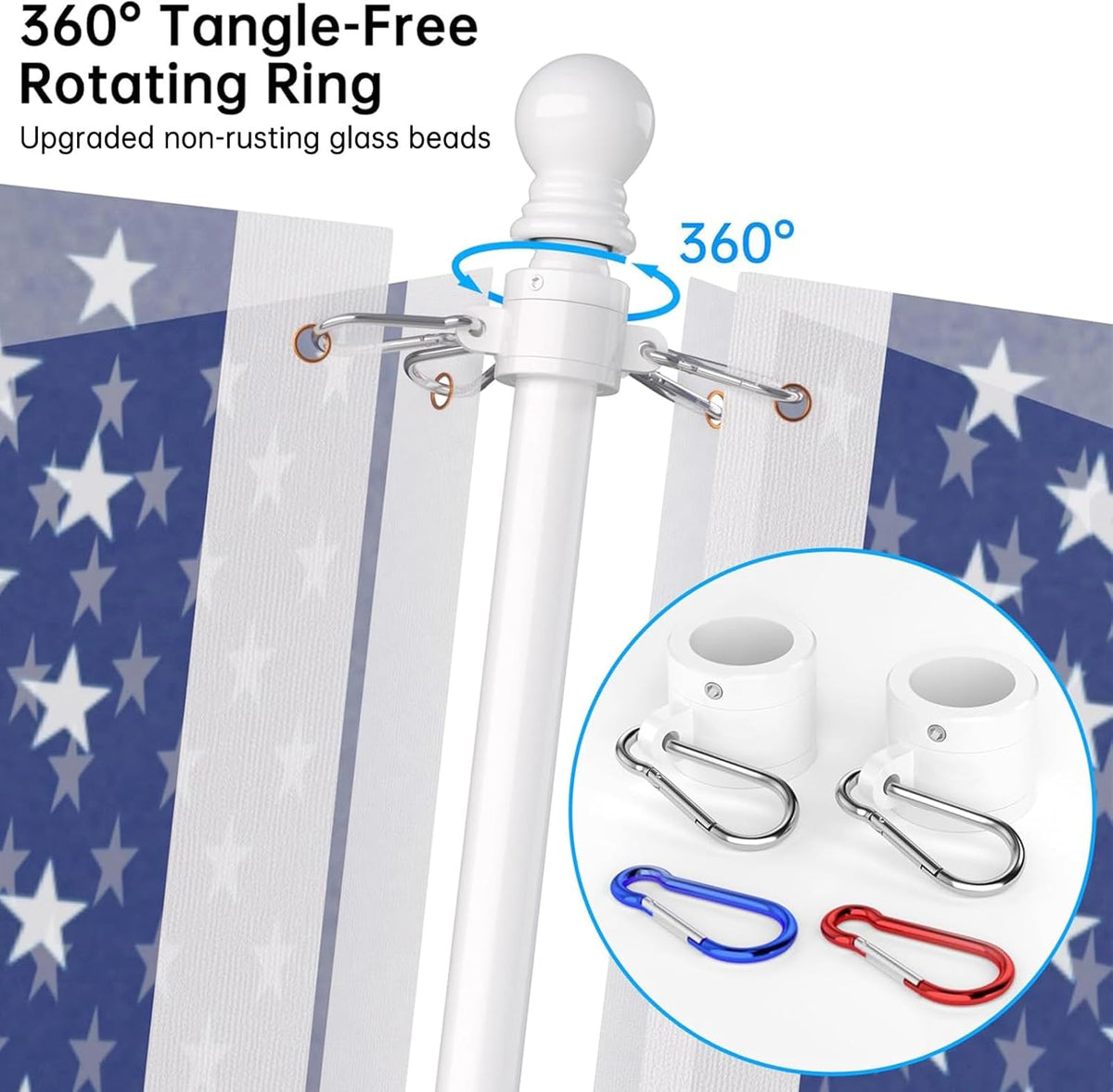 ZMTECH Flag Pole - Upgraded Bracket, (2 Packs) 6 FT Stainless Steel Flag Poles for Outside House, Residential or Commerical, Tangle Free Flag Pole Kit for American Flag (Without Flag, White)