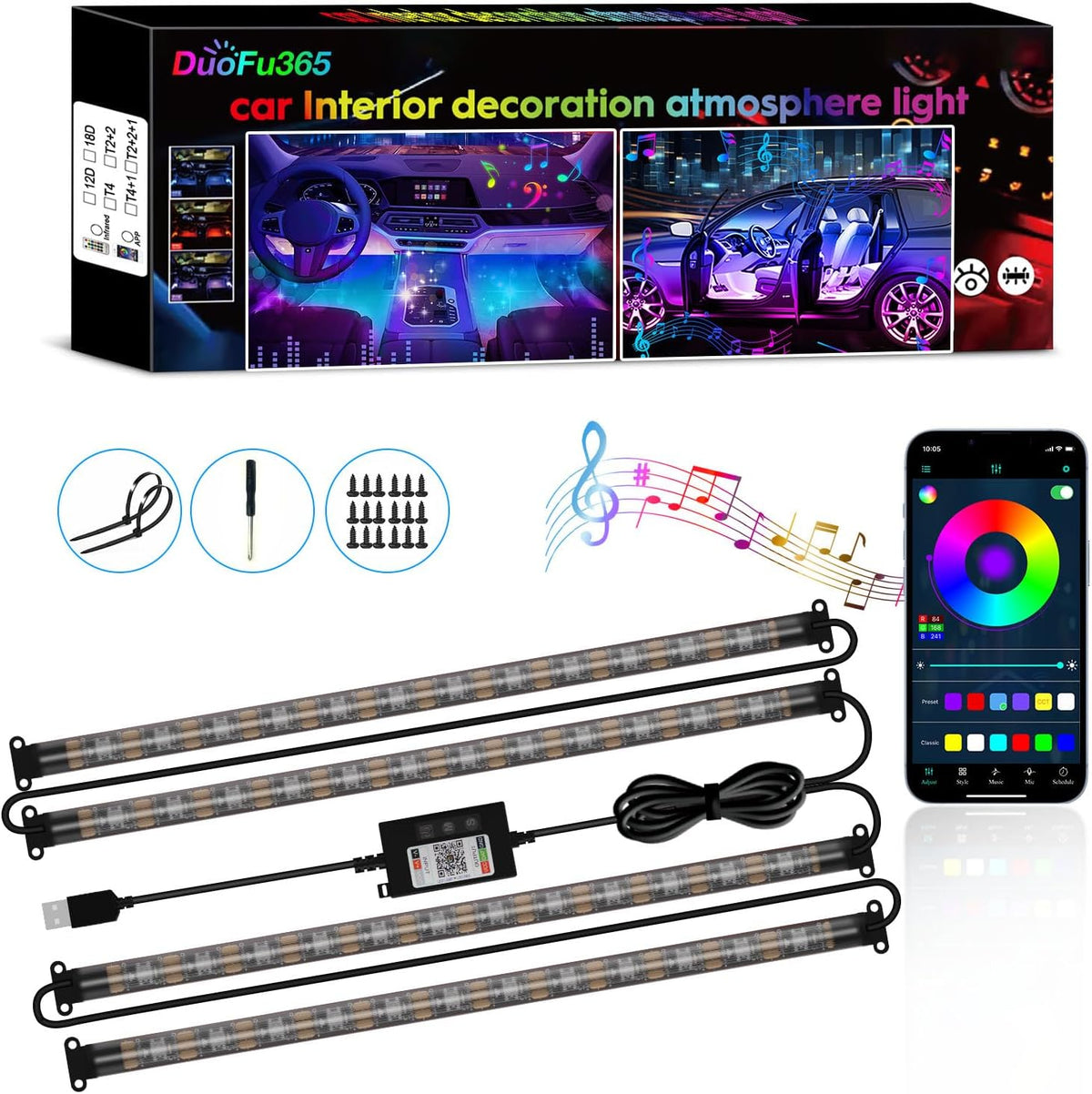 Car Led Strip Lights, RGB Truck Interior Lights with App Control, Under Dash Footwell Automotive Led Light Strip, Car Ambient Lighting (1set)