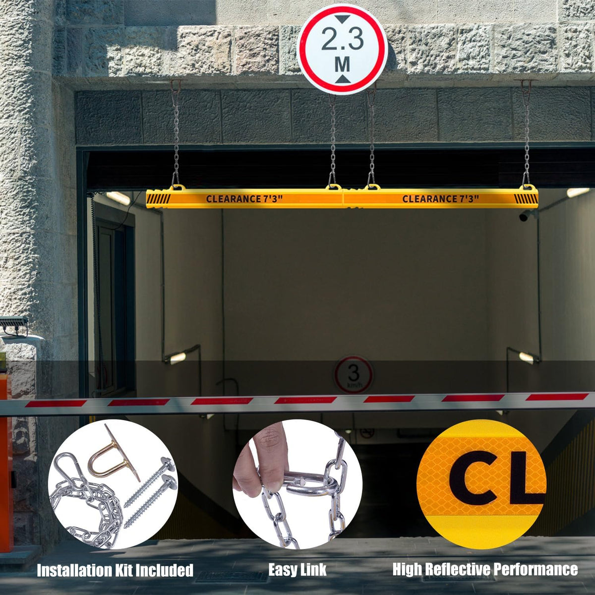 78" Parking Garage Height Clearance Bar - DO NOT ENTER & CLEARANCE 7' 3" - Hanging Crossbar by Chains, Yellow Reflective Parking Signs for Parking Lot, Warehouse, Garage Entrance and Exit