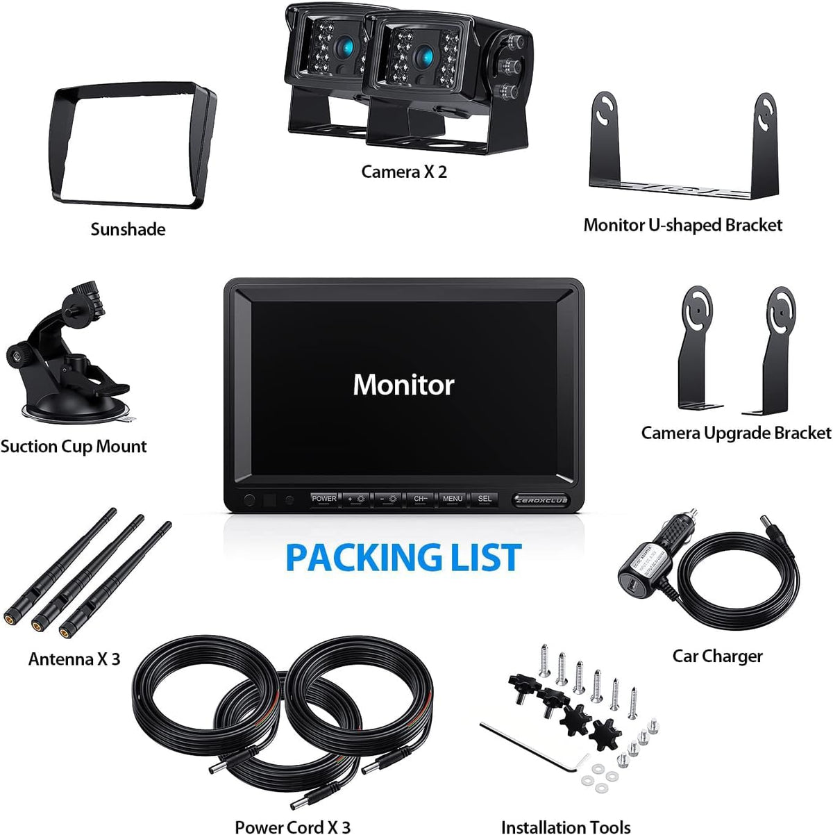 Digital Wireless Backup Camera System Kit, IP69K Waterproof Wireless 2 Rear View Camera + 7’’ LCD Dual Split Monitor for RV/Truck/Bus/Camper/Trailer (WX02)