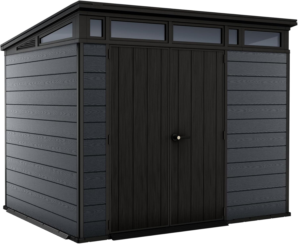 Keter Cortina 9x7 Ft All-Weather Storage Shed with Skylight, Window, Built-in Ventilation, Customizable Walls, & Lockable Double Doors, Graphite