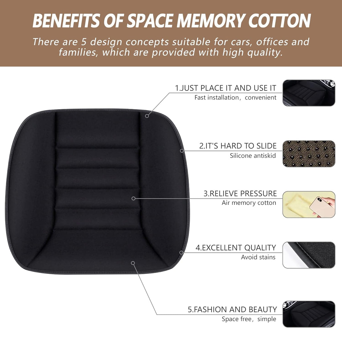 MYFAMIREA Car Seat Cushion Pad 1.2" Thick Comfort Seat Protector for Car Driver Seat Office Chair Home Use Memory Foam Seat Cushion with Non Slip Bottom, 20'' x 18.5'', Black