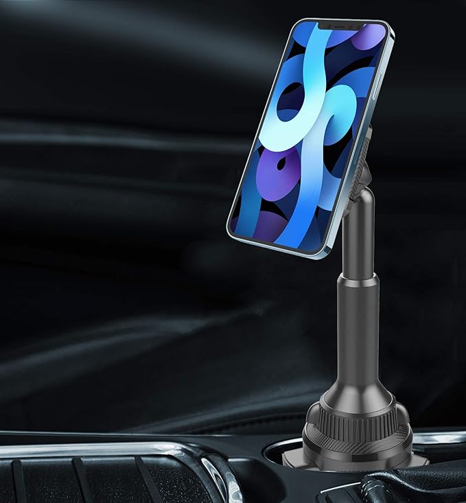 OQTIQ Magnetic Phone Cup Holder for Car - Adjustable Height & Multi-Angle - One-Hand Operation - Compatible with Samsung, Google, & More - Black, Not for MagSafe
