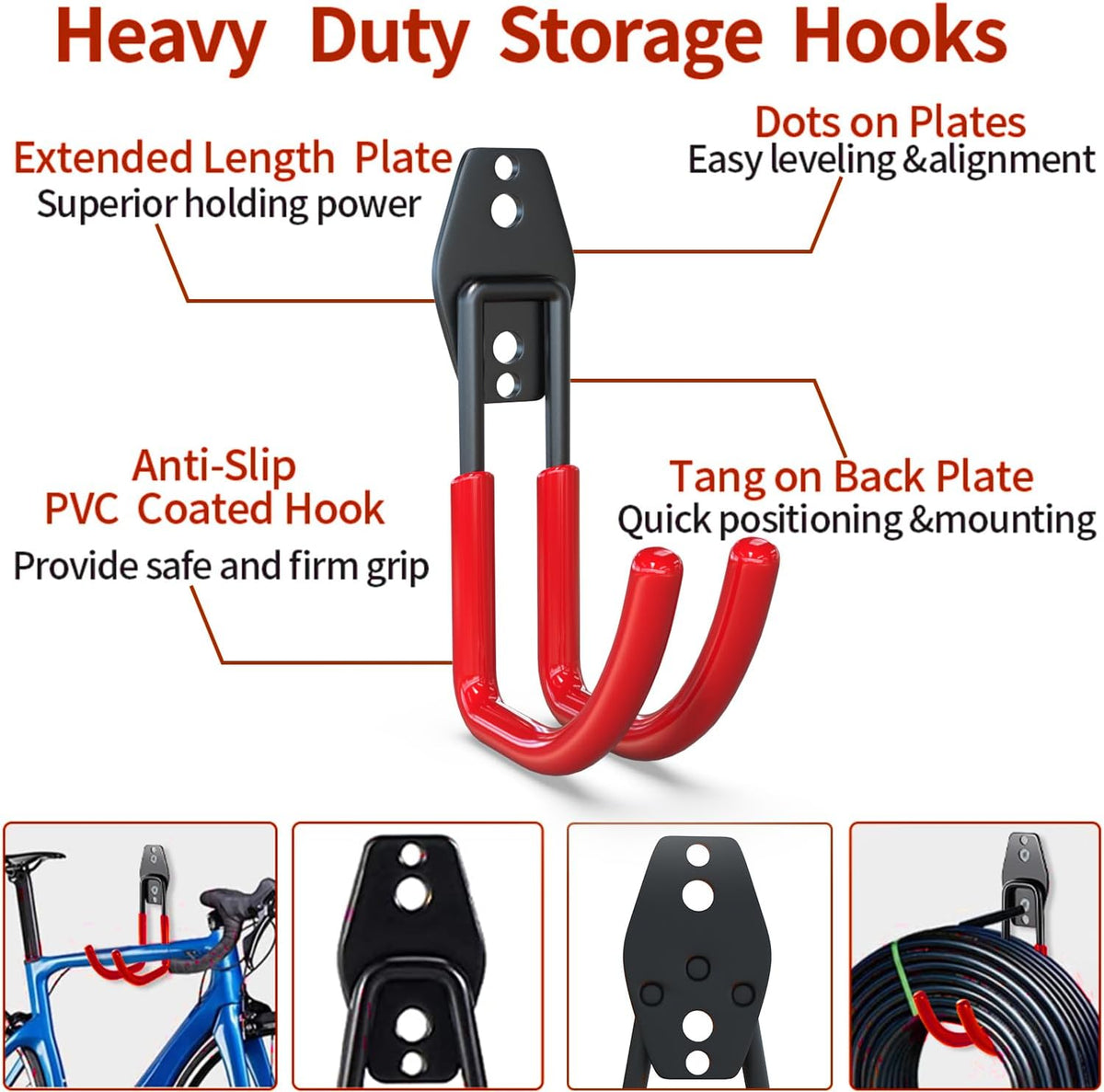 3-H Garden Hose Holder Wall Mount 4 Pack,Solid Steel Hose Hanger,Water Hose Holders for Outside,Perfect for Hanging Outdoor Air Hose,Ropes,Pipes,Garden Tools,Ladders,Bikes,Bulk Items(Red)