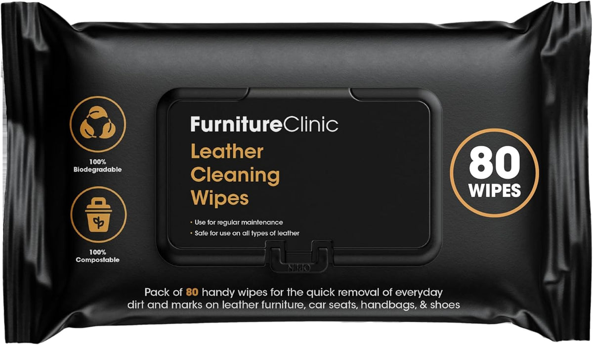 Furniture Clinic Leather Cleaning Wipes | 80 Count | Clean & Restore Leather & Vinyl Furniture, Handbags, Jackets, Car Seats, Interiors & More | Residue & Streak-Free | for Everyday Use