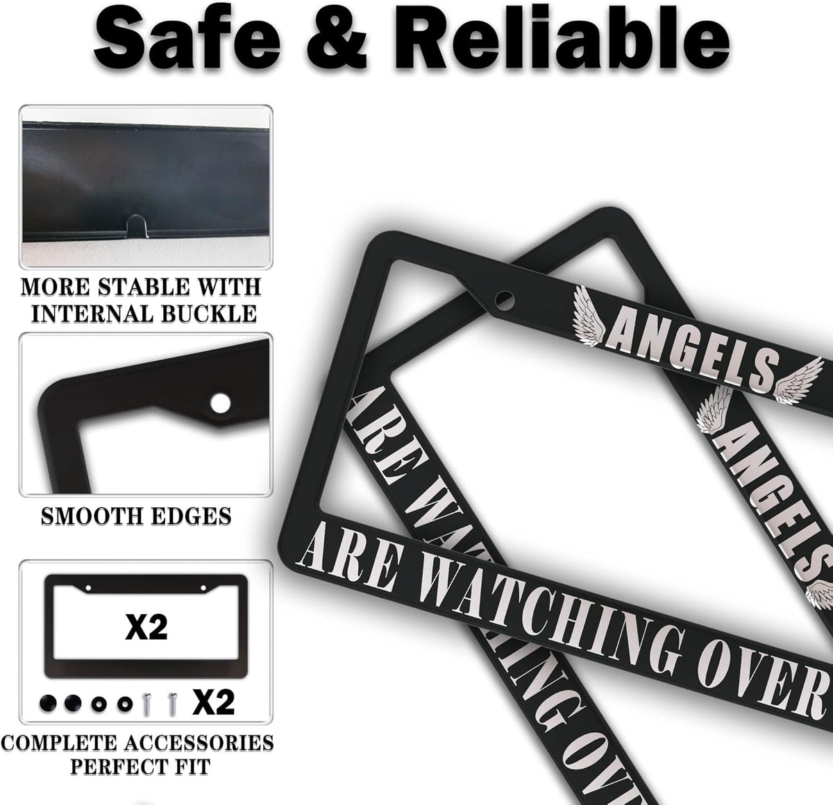 Car Plate Frames Black and White License Plate Protector Angels are Watching Over Me Universal Aluminum Car Accessory 2 Pack with Screw Covers Set