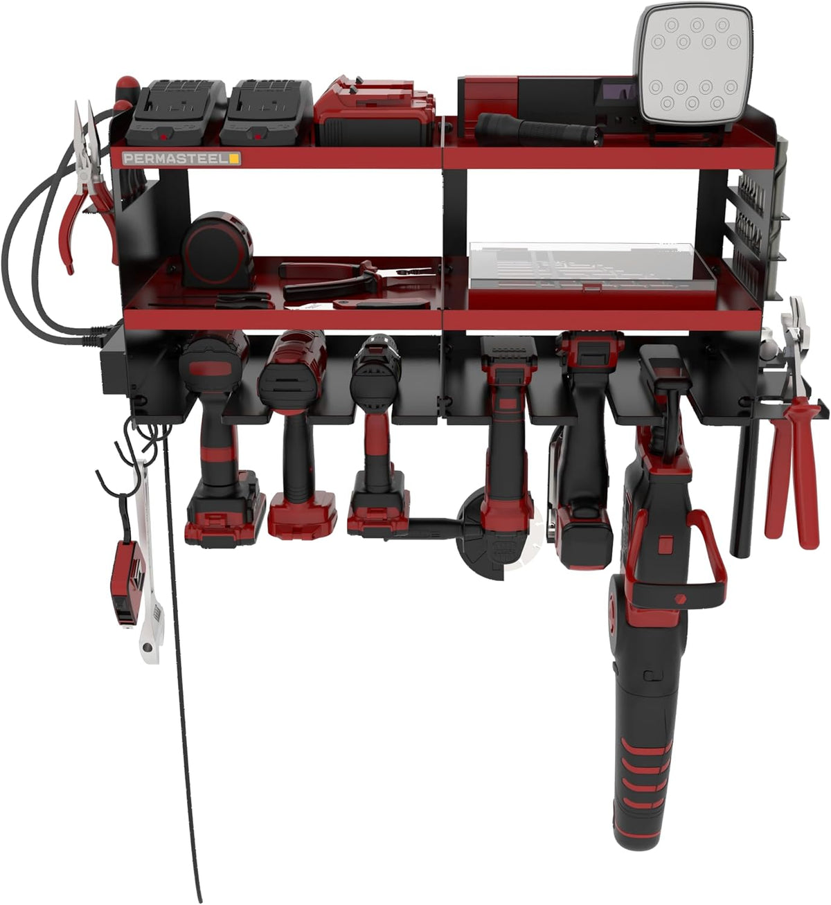 Permasteel Power Tool Organizer Wall Mount - 150 Lbs Load 3-Layer Heavy Duty Metal Storage Rack with Charging Station, Holds 6 Drills, 9 Hand Tools and 16 drill bits for Garage and Workshop, Red