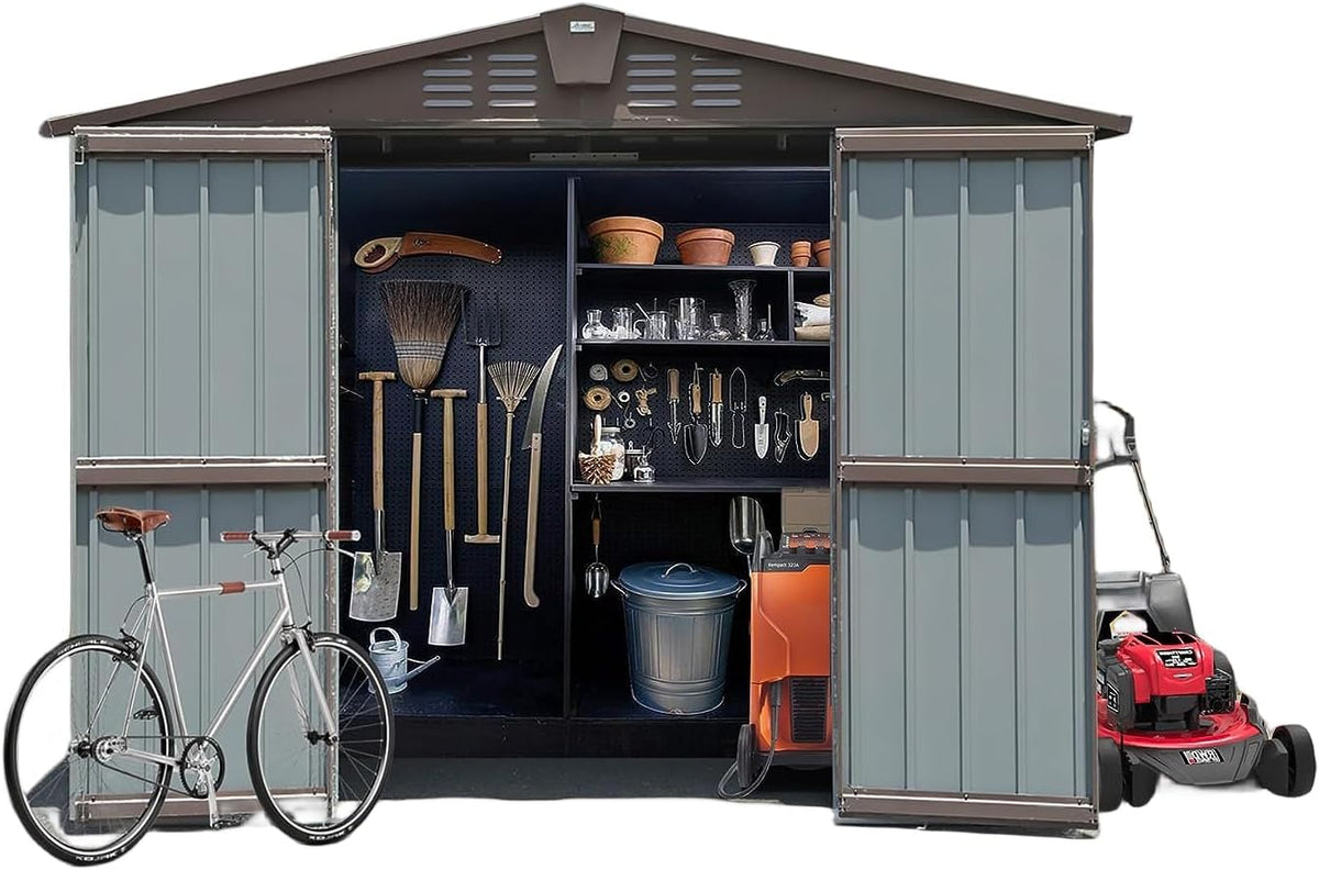 IKERY Metal Storage Shed 8.2' x 6.2' with Double Lockable Doors & Air Vents - Utility Tool Shed for Backyard, Patio, Garden - Brown