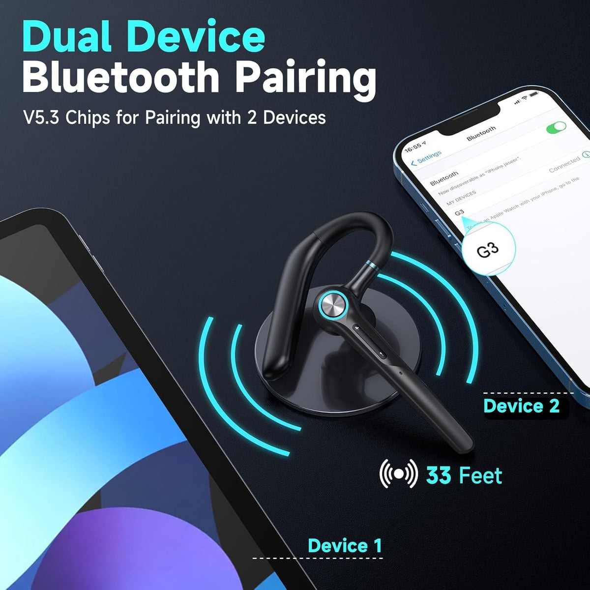 Bluetooth Headset Wireless Earpiece 60Hrs Playback Built-in Dual Mic Noise Canceling Wireless Headset Earphone with 400mAh LED Charging Case for Business Office Trucker (Black)