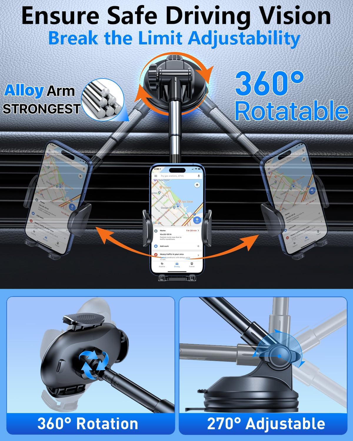 HTU 【Military-Grade Suction】 2025 Cell Phone Holder for Car【Flexible Telescopic Arm】 Car Phone Mount Stand for Dashboard Windshield for iPhone 16 Pro Max 15 14 13 12 Samsung Truck Jeep, Dark Blue
