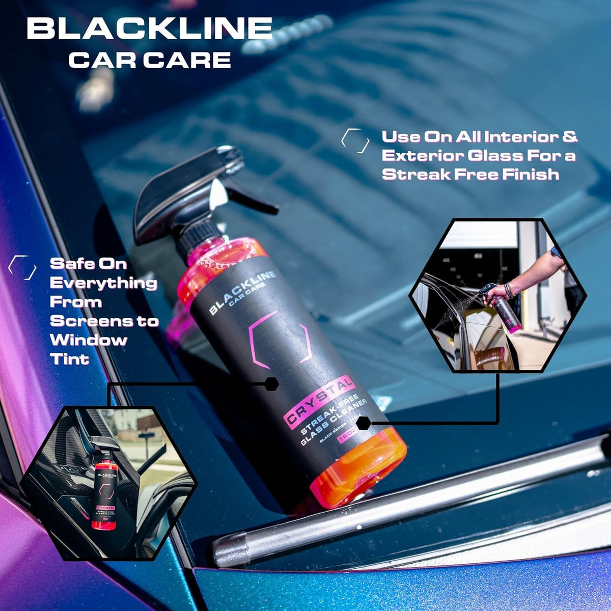 Blackline Best Glass Cleaner - Works on Glass, Windows, Mirrors & Navigation Screens. Tint Safe Window Cleaner for Car - 16 fl oz bottle, Streak Free Spray