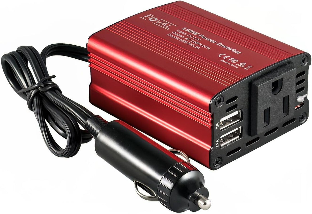 FOVAL 150W Car Power Inverter 12V DC to 110V AC Converter Vehicle Adapter Plug Outlet with 3.1A Dual USB Car Charger for Laptop Computer (Classic Red)