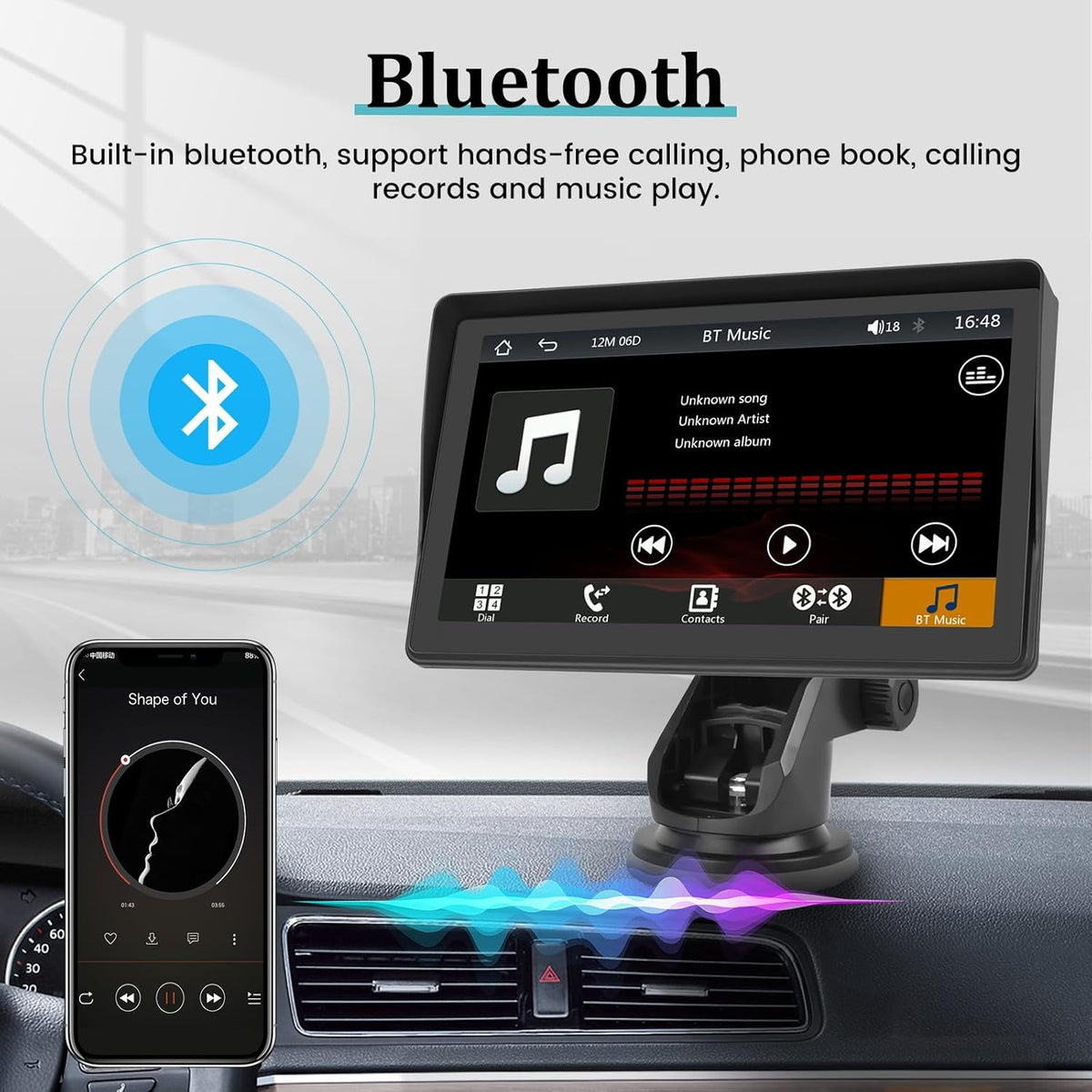 7 Inch Protable Apple Carplay Car Screen, Wireless Android Auto Dash Mount, Car GPS Navigation System with Mirror Link/Bluetooth/FM Transmitter/USB + 12LED Backup Camera