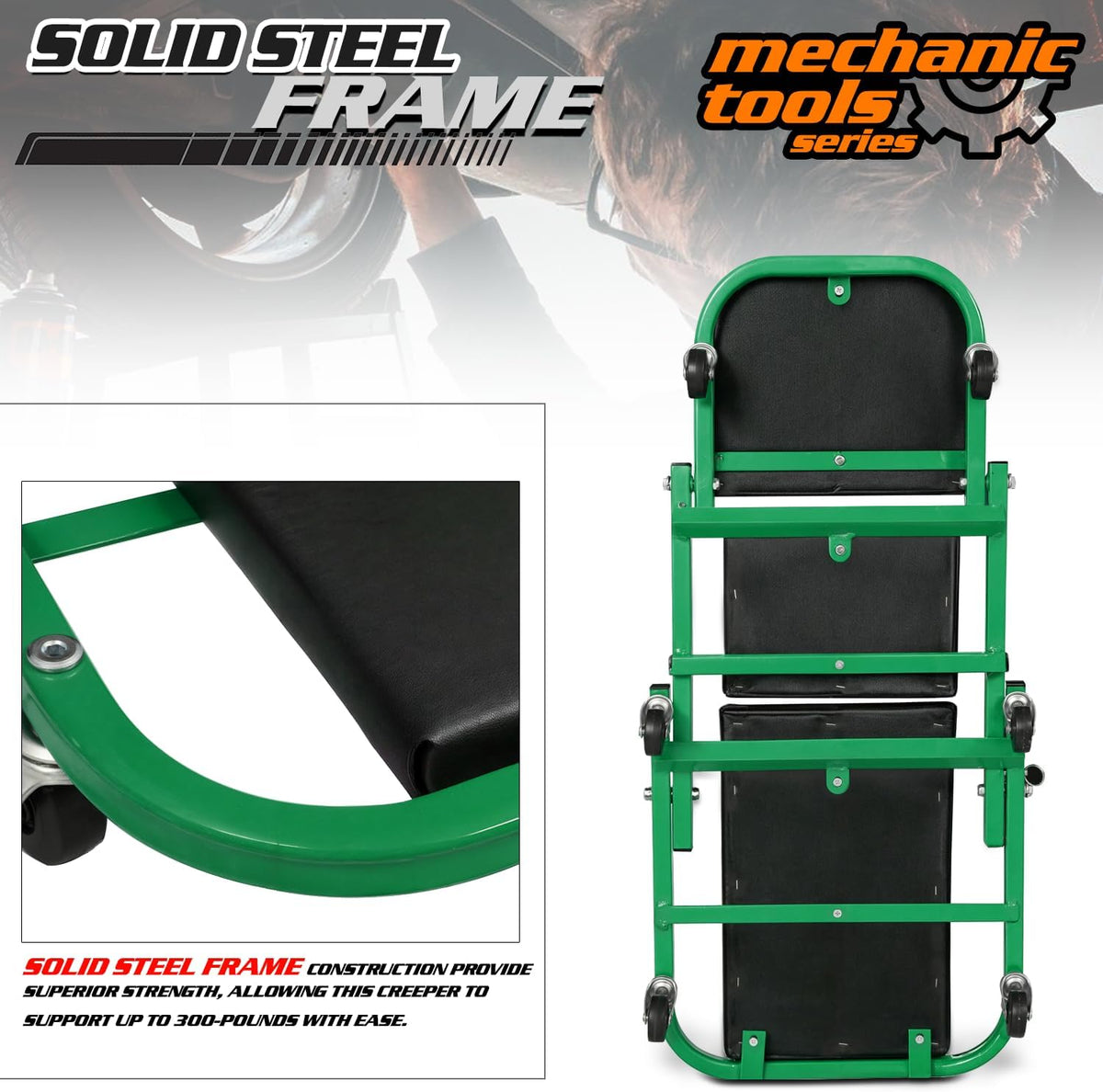 M-AUTO Foldable Z Creeper 2-in-1 Rolling Folding Car Creeper & Seat, 36" Adjustable Roller Garage Chair Lay Down or Sit, 330LBS Capacity Under Car Roller Creeper with 6 Swivel Casters, Green