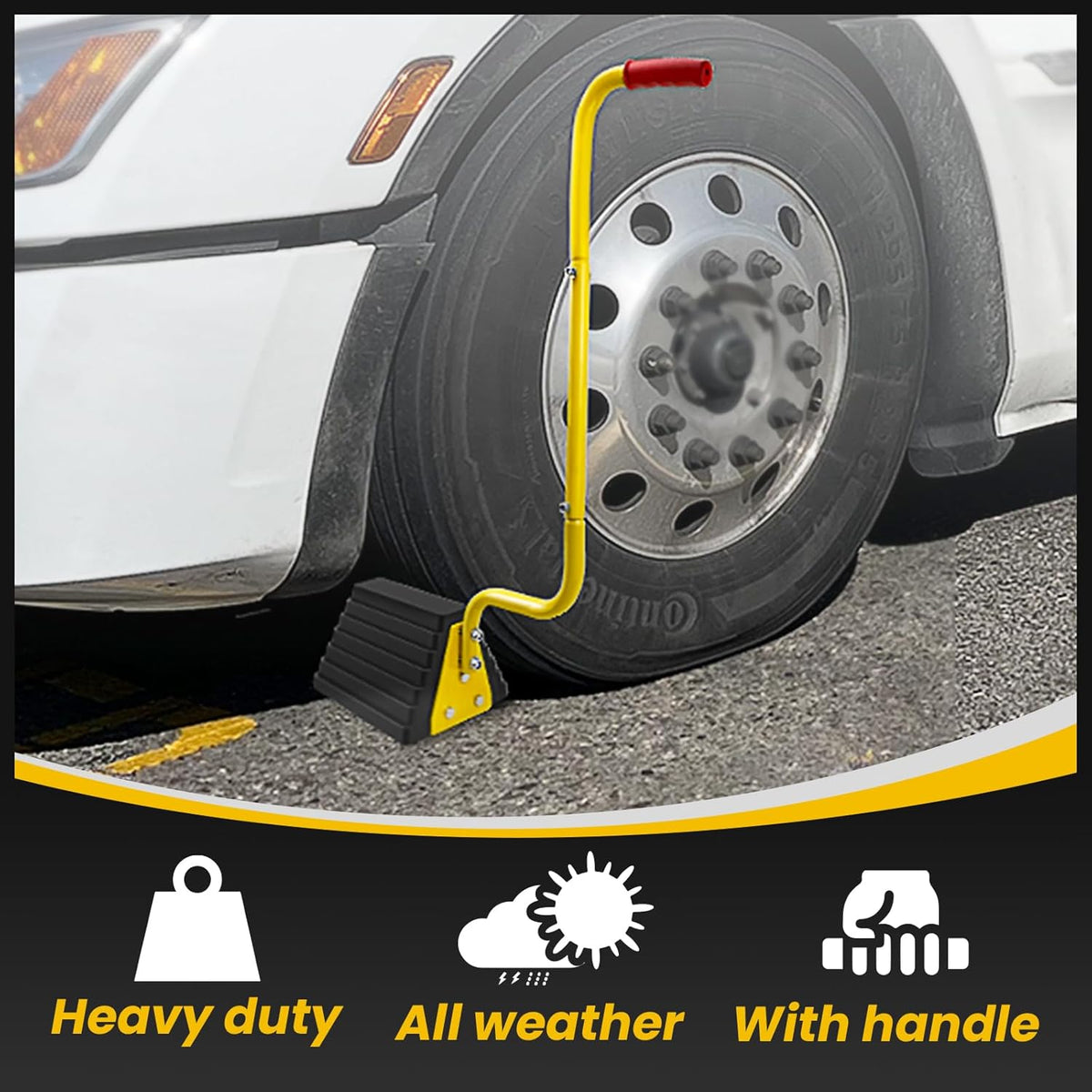 2 Pack Heavy Duty Rubber Wheel Chock with Handle, Sturdy Solid Anti Slip Wheel Stopper for All Weather Use -Trucks, RV, Travel Trailer, Pop Up Camper Accessory, 2 Pcs