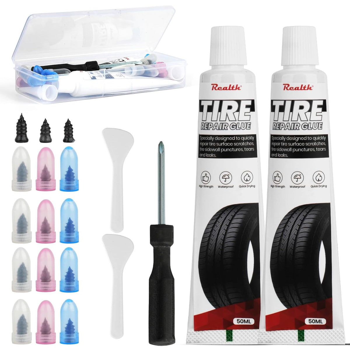 Tire Repair Glue 100ml, Rubber Cement Tire Repair, Tire Plug Glue, Tire Patch Glue Heavy Duty, Three Sizes Tire Repair Nail 15 Pcs, Sidewall Tire Repair Kit for Car, Motorcycle, Bike, Truck, Tractor