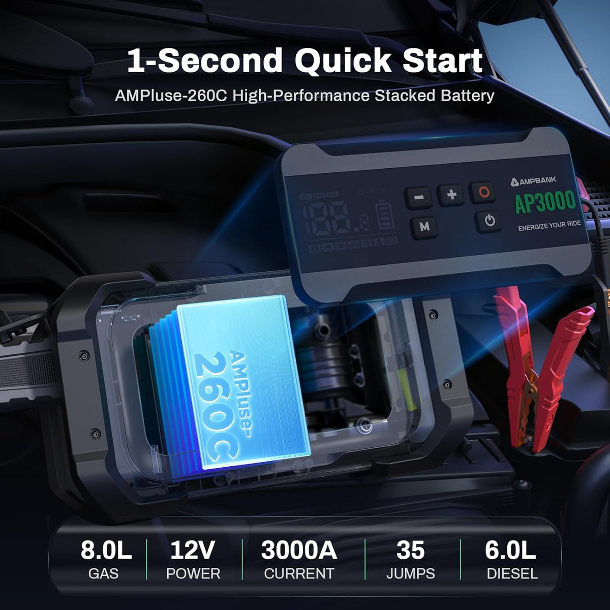 Jump Starter with Air Compressor, 3000A Portable Car Jump Starter with 150PSI Digital Tire Inflator, 12V Car Battery Booster Pack with LED Lighting, LCD Display