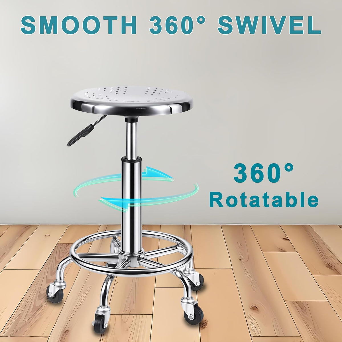Rolling Stool, Stainless Steel Workbench Stool, Adjustable Swivel Stool Medical 5 Wheels, 304 Stainless Steel Structure Laboratory Round Pad, Load Capacity 445 lbs (Silver)