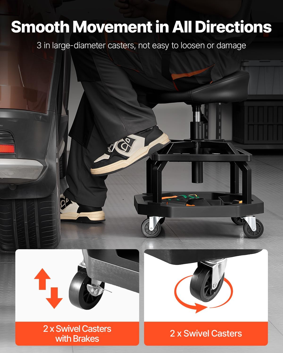 VEVOR Industrial Black Pneumatic Garage Seat/Work Stool with 300 lbs Capacity, Adjustable Height Roller Creeper Seat, 360 Swivel Padded Workshop Stool with Casters, for Garage, Shop & Auto Repair