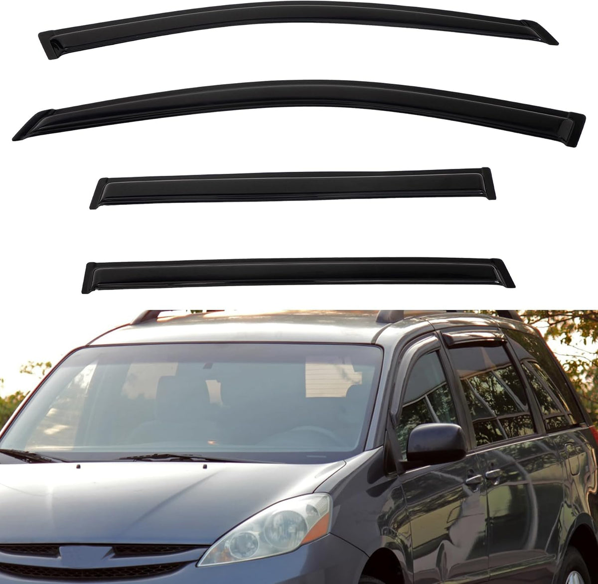 4pcs Front+Rear Smoke Tint Sun/Rain Guard Outside Mount Tape-On Vent Window Visors Compatible with 04-10 Sienna