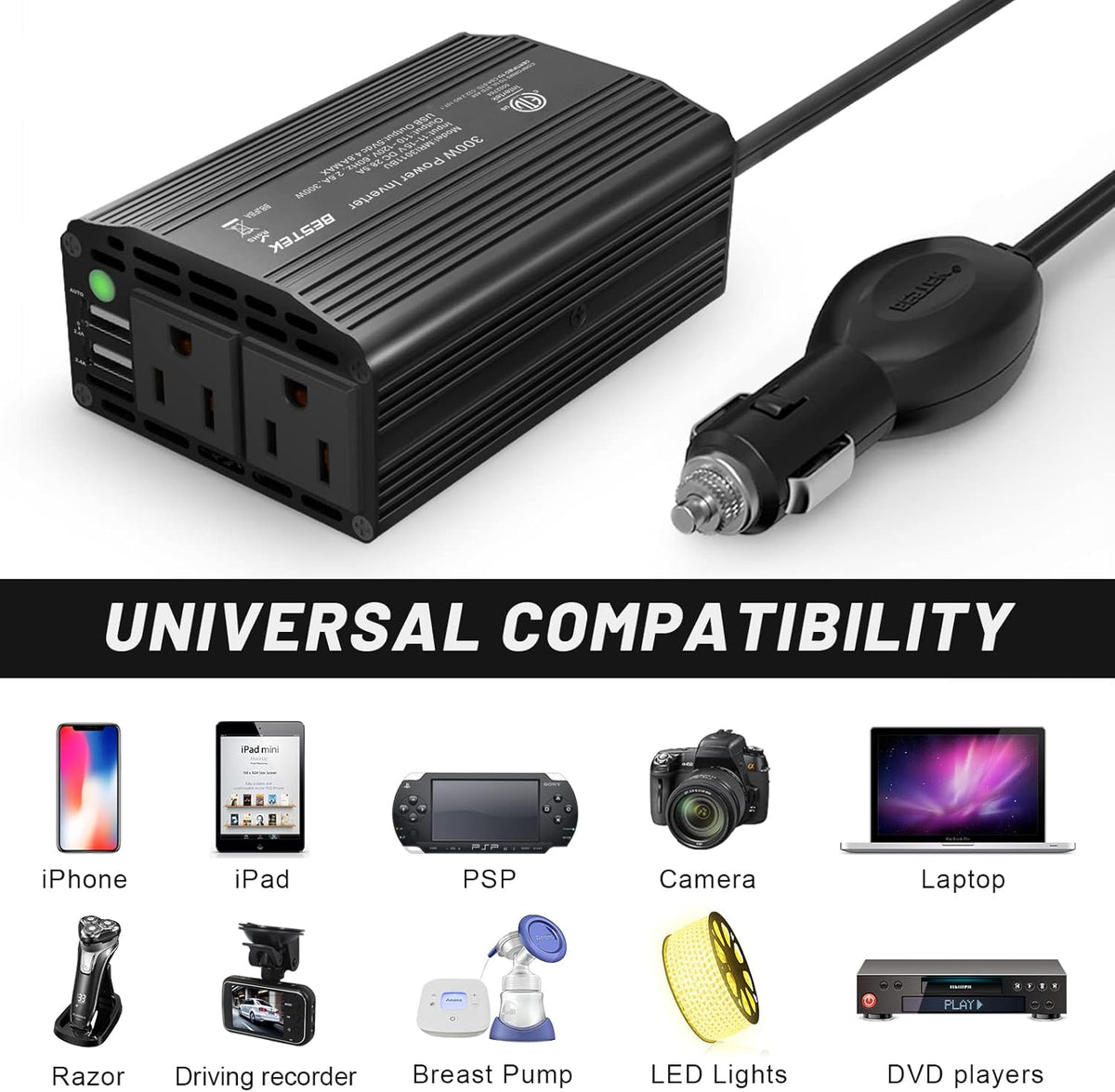 BESTEK 300W Power Inverter DC 12V to 110V AC, Durable Aluminum Housing Car Charger Adapter with 4.8A Dual USB Fast Charging Port, Car Plug in Cigarette Lighter Outlet for Phone, Laptop