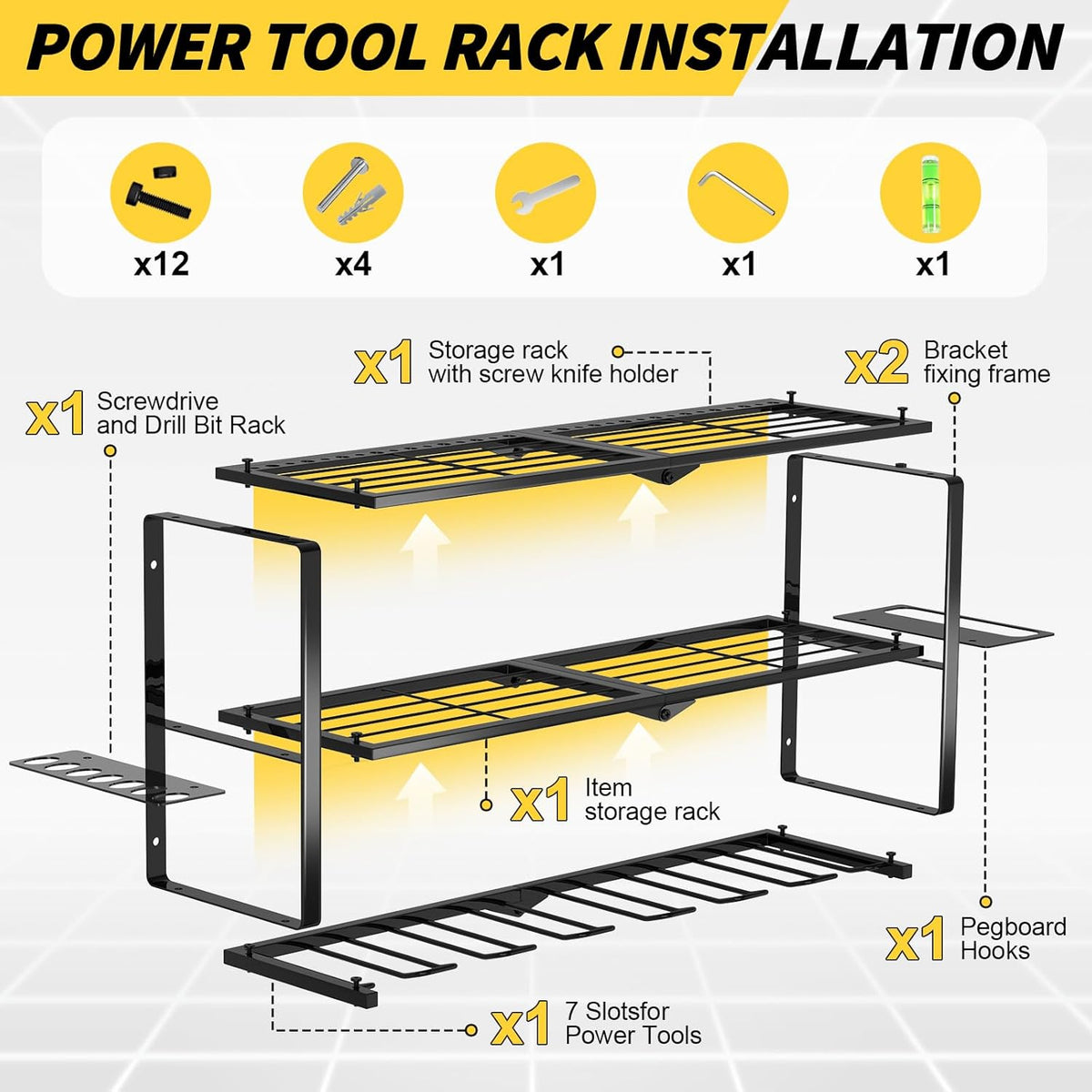 Large Power Tool Organizer Wall Mount,3 Layer Heavy Duty Tool Storage Rack Loads 150lbs,With 7 Cordless Drill Holders,Workshop,Utility Racks for Garage Workshop,Shed - Cool Gifts for Men,Dad,Husband
