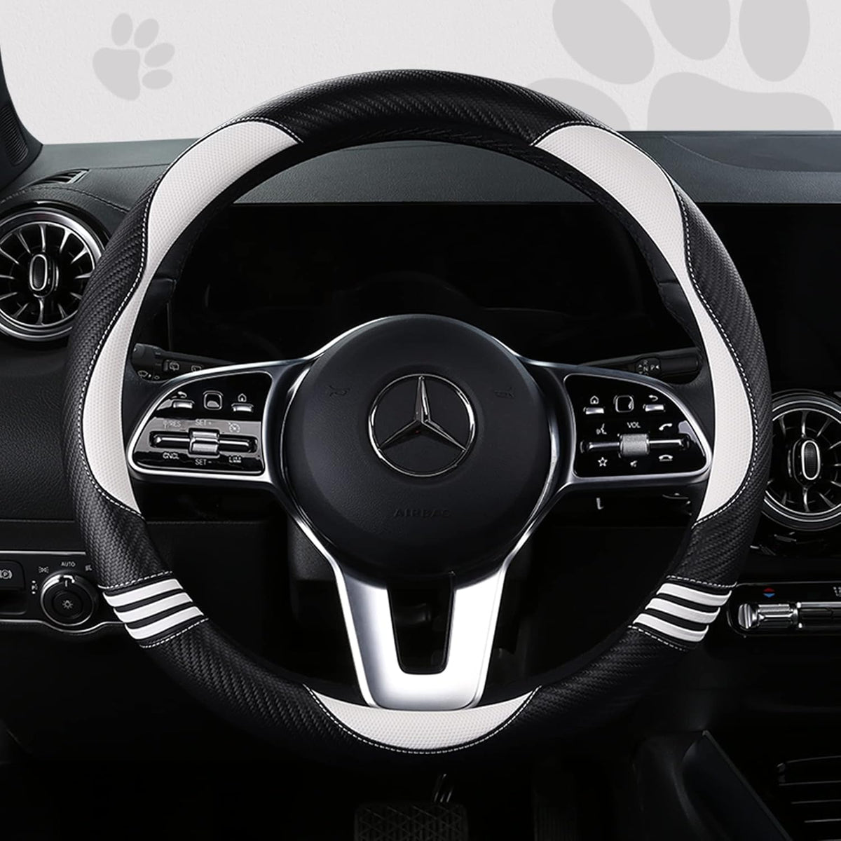 Car Steering Wheel Covers for Women Girl Padded Carbon Fiber PU Leather Cute Cartoon Auto Interior Accessories for Jeep, Truck, Universal, Anti Slip, White, Large Size 15.5-16"(39-41cm)