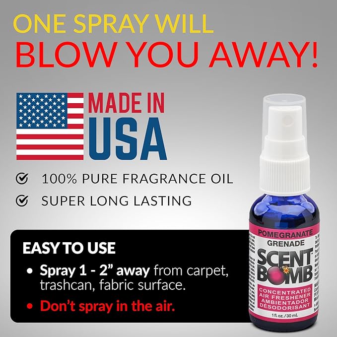 Scent Bomb Air Freshener Spray, Long-Lasting Odor Eliminator - Effective Deodorizer for Home & Car, Fresh Room Spray for Kitchen, Bathroom & Smell Neutralizer - 1 oz Pack of 4, Pomegranate Scent