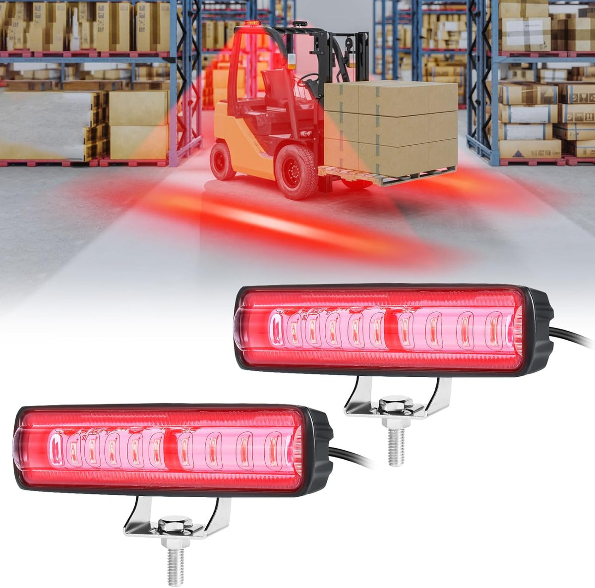 LED Forklift Safety Light - 2 Pack Warehouse Warning Light with Adjustable Mounting Bracket for Truck, AGV Security Indicator Spotlight Brightness (Red)