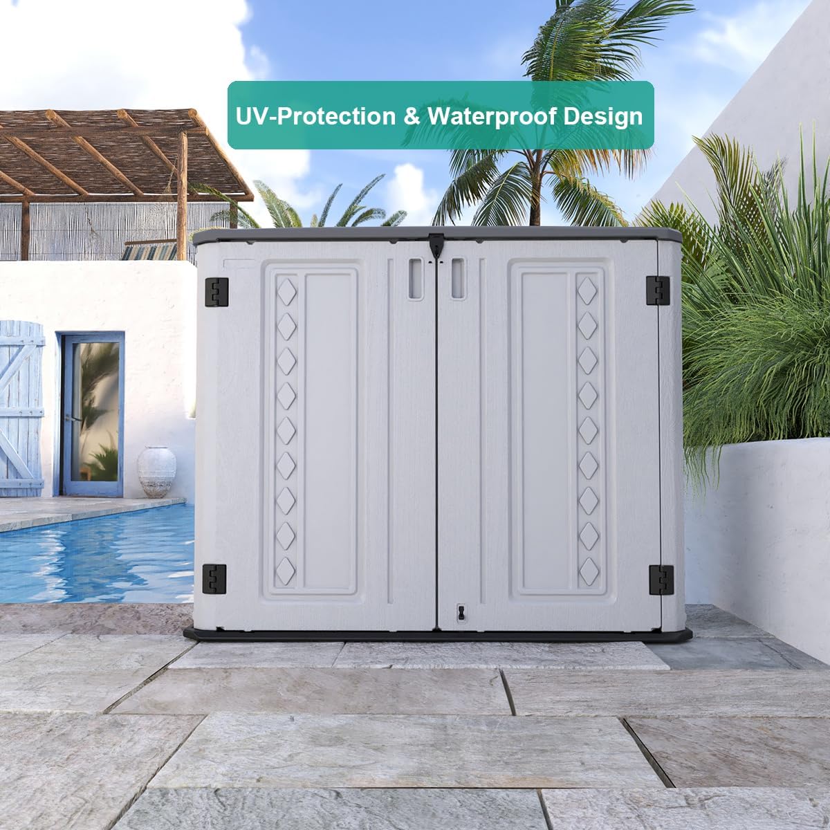 KINYING Outdoor Storage Shed-Horizontal Storage Cabinet Waterproof for Garden, Patios, Backyards, 35 Cu.ft Resin Tool Shed for Garbage Cans, Small Tools, Lawn Mower,Off-White Color