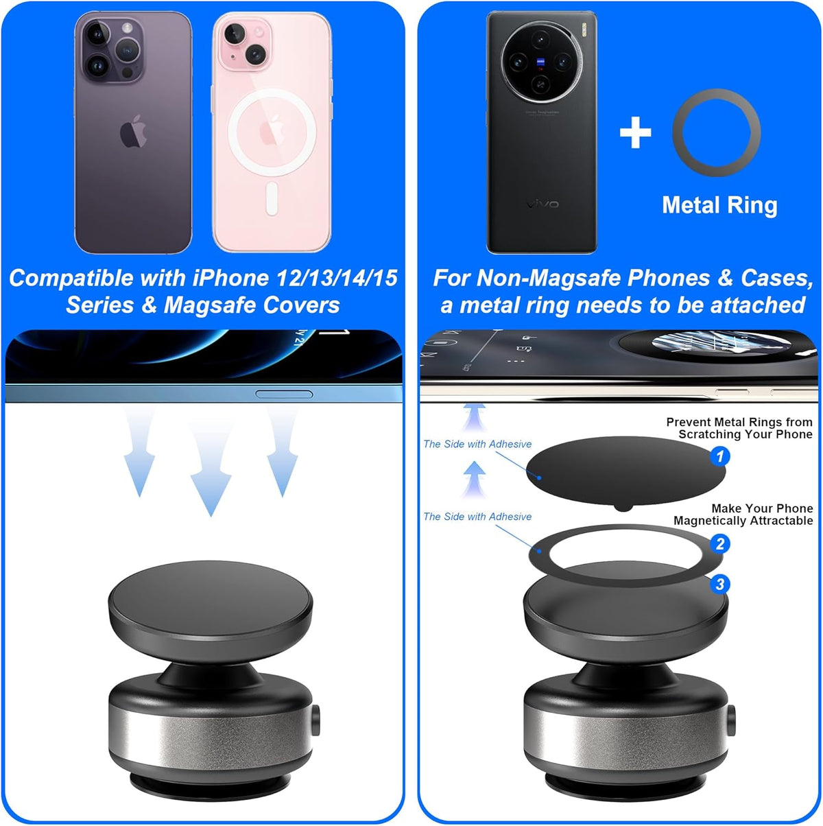 Fostex Vacuum Magnetic Phone Holder Magnet,360 Adjustable Rotatable Magnetic Mount,Electric Vacuum Magnetic Phone Holder,Hands-Free Phone Holders for Your Car iPhone 16/15/14/13/12